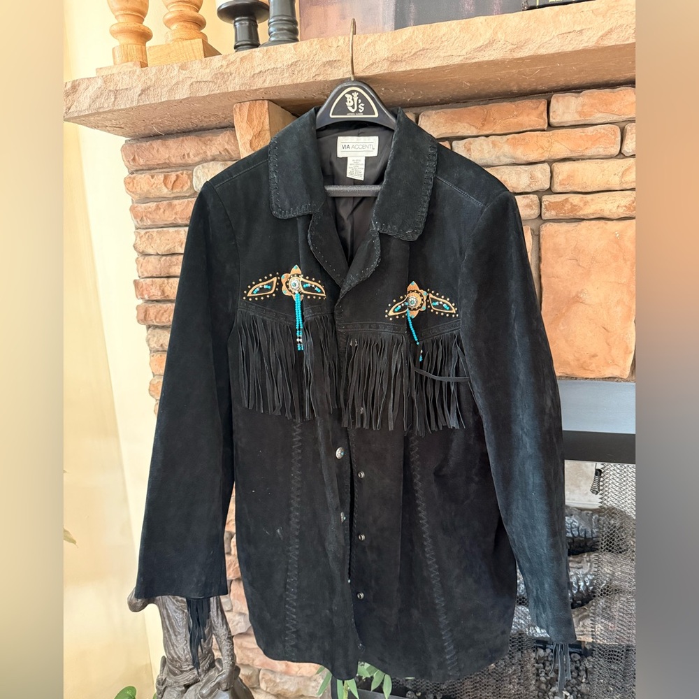 Vintage Via Accent Black Suede Leather Beaded Fringe Women’s Western Jacket XL